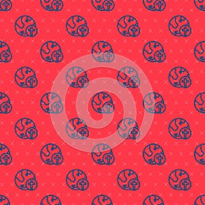 Blue line Christian cross with globe Earth icon isolated seamless pattern on red background. World religion day. Vector