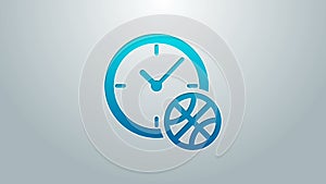 Blue line Clock with basketball ball inside icon isolated on grey background. Basketball time. Sport and training. 4K
