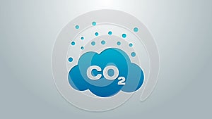 Blue line CO2 emissions in cloud icon isolated on grey background. Carbon dioxide formula symbol, smog pollution concept