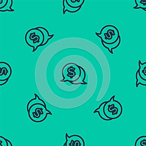 Blue line Coin money with dollar symbol icon isolated seamless pattern on green background. Banking currency sign. Cash