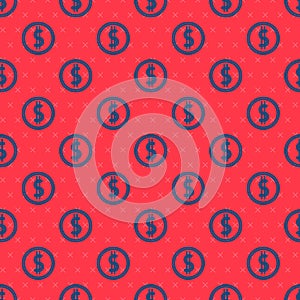 Blue line Coin money with dollar symbol icon isolated seamless pattern on red background. Banking currency sign. Cash
