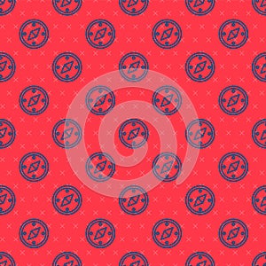 Blue line Compass icon isolated seamless pattern on red background. Windrose navigation symbol. Wind rose sign. Vector