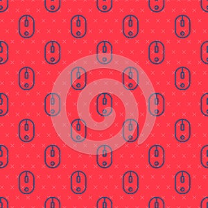 Blue line Computer mouse icon isolated seamless pattern on red background. Optical with wheel symbol. Vector