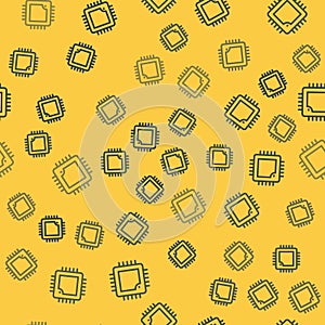 Blue line Computer processor with microcircuits CPU icon isolated seamless pattern on yellow background. Chip or cpu