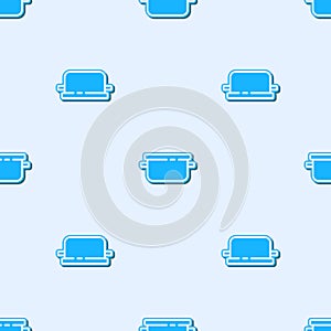 Blue line Cooking pot icon isolated seamless pattern on grey background. Boil or stew food symbol. Vector