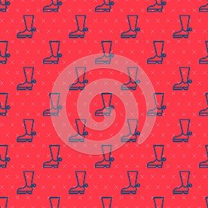 Blue line Cowboy boot icon isolated seamless pattern on red background. Vector Illustration