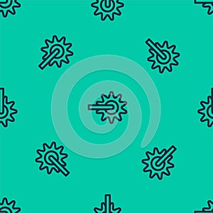 Blue line Cowboy horse riding spur for boot icon isolated seamless pattern on green background. Vector