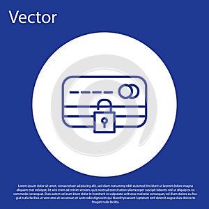 Blue line Credit card with lock icon isolated on blue background. Locked bank card. Security, safety, protection