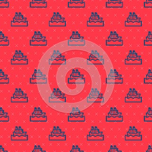 Blue line Cruise ship in ocean icon isolated seamless pattern on red background. Cruising the world. Vector
