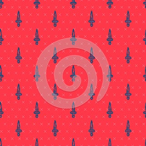Blue line Dagger icon isolated seamless pattern on red background. Knife icon. Sword with sharp blade. Vector