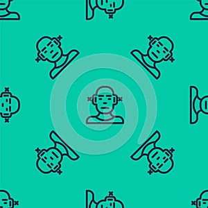 Blue line Deafness icon isolated seamless pattern on green background. Deaf symbol. Hearing impairment. Vector