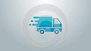 Blue line Delivery truck in movement icon isolated on grey background. Fast shipping delivery truck. 4K Video motion