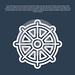 Blue line Dharma wheel icon isolated on blue background. Buddhism religion sign. Dharmachakra symbol. Vector