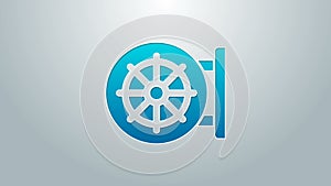 Blue line Dharma wheel icon isolated on grey background. Buddhism religion sign. Dharmachakra symbol. 4K Video motion