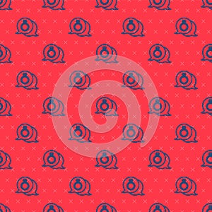 Blue line Diamond engagement ring icon isolated seamless pattern on red background. Vector