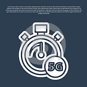 Blue line Digital speed meter concept with 5G icon isolated on blue background. Global network high speed connection