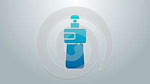 Blue line Dishwashing liquid bottle icon isolated on grey background. Liquid detergent for washing dishes. 4K Video