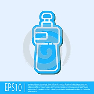 Blue line Dishwashing liquid bottle icon isolated on grey background. Liquid detergent for washing dishes. Vector