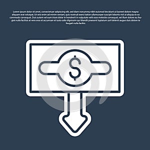Blue line Dollar rate decrease icon isolated on blue background. Cost reduction. Money symbol with down arrow. Business