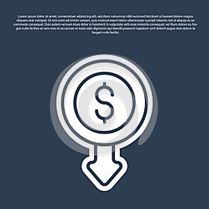 Blue line Dollar rate decrease icon isolated on blue background. Cost reduction. Money symbol with down arrow. Business