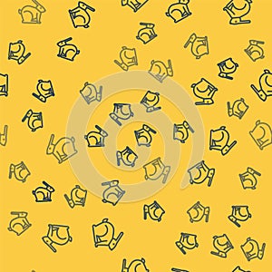 Blue line Easter rabbit icon isolated seamless pattern on yellow background. Easter Bunny. Vector Illustration