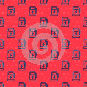 Blue line Electric car charging station icon isolated seamless pattern on red background. Eco electric fuel pump sign