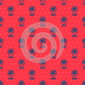 Blue line Eye of Horus icon isolated seamless pattern on red background. Ancient Egyptian goddess Wedjet symbol of