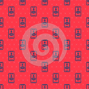 Blue line Eye scan icon isolated seamless pattern on red background. Scanning eye. Security check symbol. Cyber eye sign