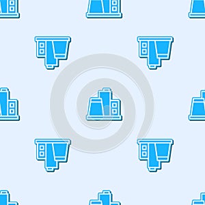 Blue line Factory icon isolated seamless pattern on grey background. Industrial building. Vector