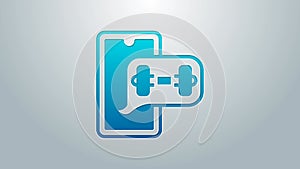 Blue line Fitness app for sports icon isolated on grey background. Healthcare mobile app concept. Online fitness or