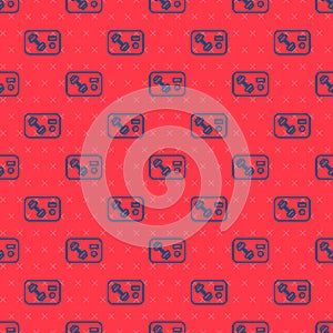 Blue line Fitness club, gym card icon isolated seamless pattern on red background. Vector