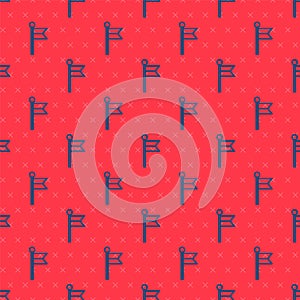 Blue line Flag icon isolated seamless pattern on red background. Location marker symbol. Vector Illustration