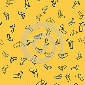 Blue line Flare gun pistol signal sos icon isolated seamless pattern on yellow background. Emergency fire shoot target