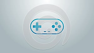 Blue line Gamepad icon isolated on grey background. Game controller. 4K Video motion graphic animation