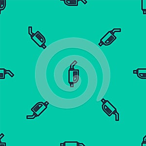 Blue line Gasoline pump nozzle icon isolated seamless pattern on green background. Fuel pump petrol station. Refuel