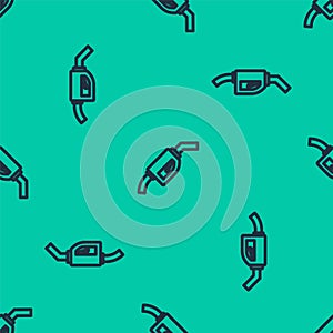 Blue line Gasoline pump nozzle icon isolated seamless pattern on green background. Fuel pump petrol station. Refuel