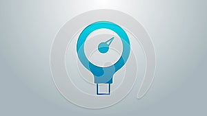Blue line Gauge scale icon isolated on grey background. Satisfaction, temperature, manometer, risk, rating, performance