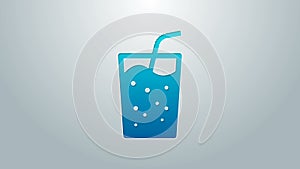 Blue line Glass with water icon isolated on grey background. Soda drink glass with drinking straw. Fresh cold beverage