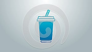 Blue line Glass with water icon isolated on grey background. Soda drink glass with drinking straw. Fresh cold beverage