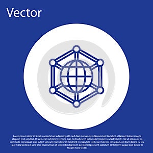 Blue line Global technology or social network icon isolated on blue background. White circle button. Vector