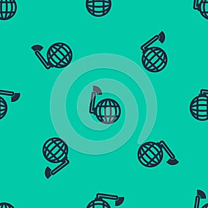 Blue line Global technology or social network icon isolated seamless pattern on green background. Vector Illustration