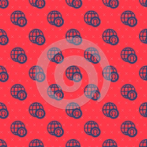 Blue line Globe and people icon isolated seamless pattern on red background. Global business symbol. Social network icon. Vector