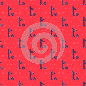 Blue line Golf flag icon isolated seamless pattern on red background. Golf equipment or accessory. Vector
