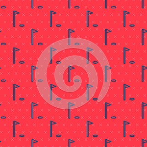 Blue line Golf flag icon isolated seamless pattern on red background. Golf equipment or accessory. Vector Illustration