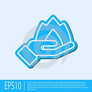 Blue line Hand holding a fire icon isolated on grey background. Insurance concept. Security, safety, protection, protect