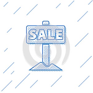 Blue line Hanging sign with text Sale icon isolated on white background. Signboard with text Sale. Vector