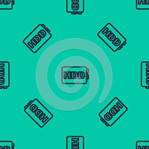 Blue line Hard disk drive HDD icon isolated seamless pattern on green background. Vector