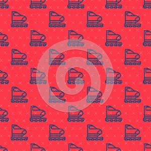 Blue line High-speed train icon isolated seamless pattern on red background. Railroad travel and railway tourism. Subway