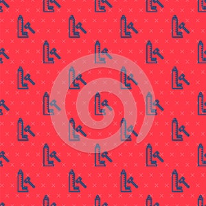 Blue line High striker attraction with big hammer icon isolated seamless pattern on red background. Attraction for