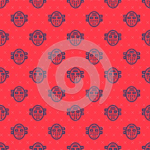 Blue line Hockey mask icon isolated seamless pattern on red background. Vector